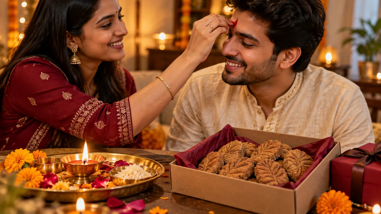 Sister applying tilak to brother with a thali of diya, roli and a box of thekua