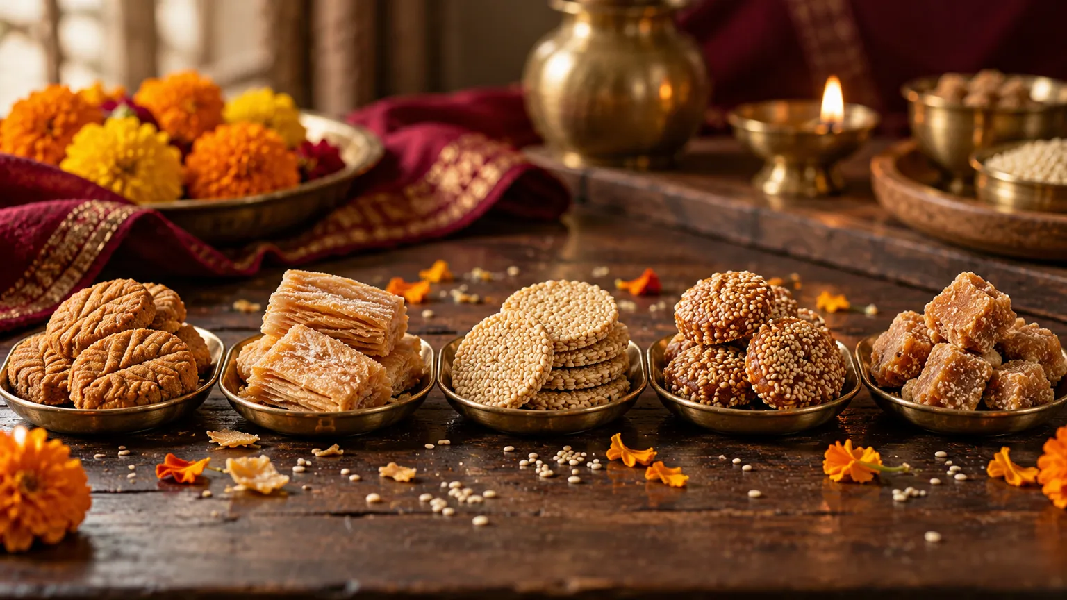 Traditional Bihari sweets thekua, khaja, tilkut, anarsa and khurma arranged on brass plates