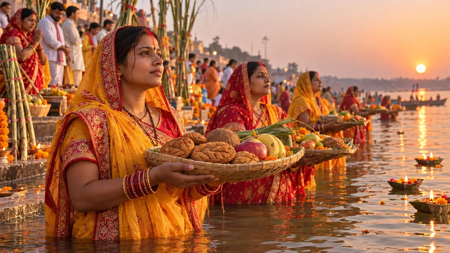 Devotees offering arghya to the setting sun at a river ghat during Chhath Puja