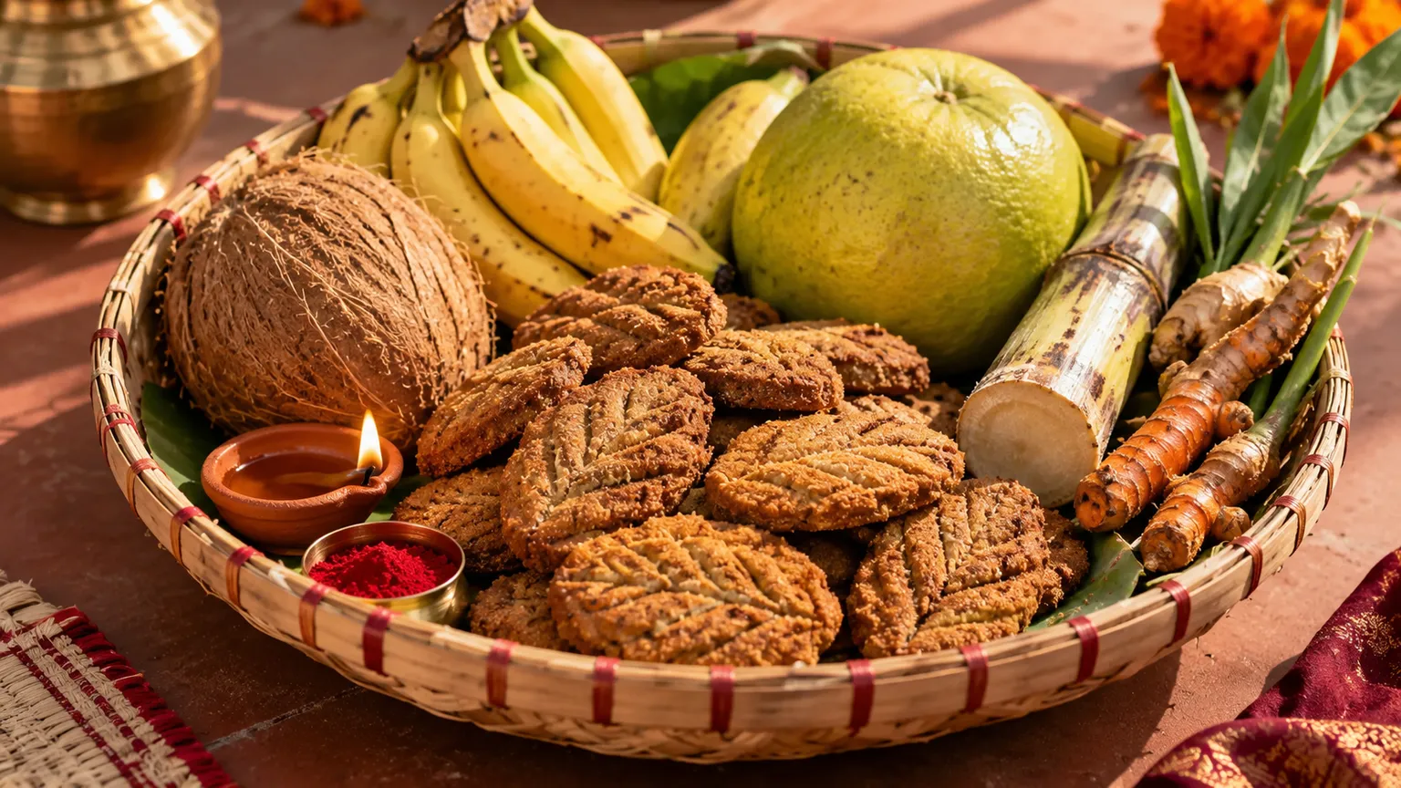 Bamboo soop filled with thekua, sugarcane, coconut, bananas and diya for Chhath Puja