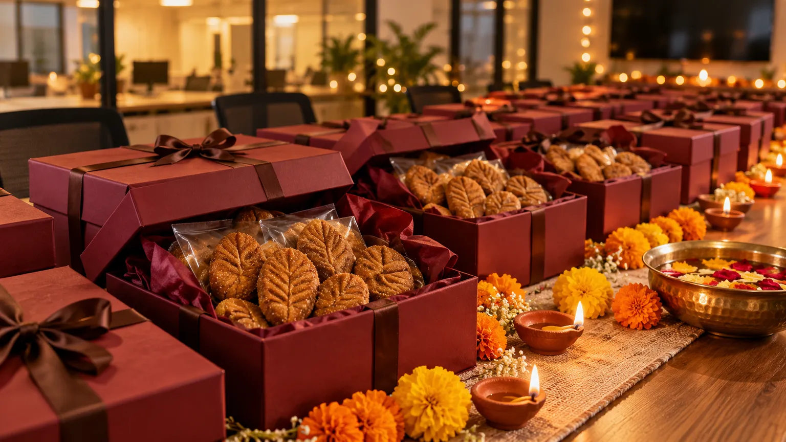 Rows of maroon Diwali gift hampers with thekua and diyas on an office table