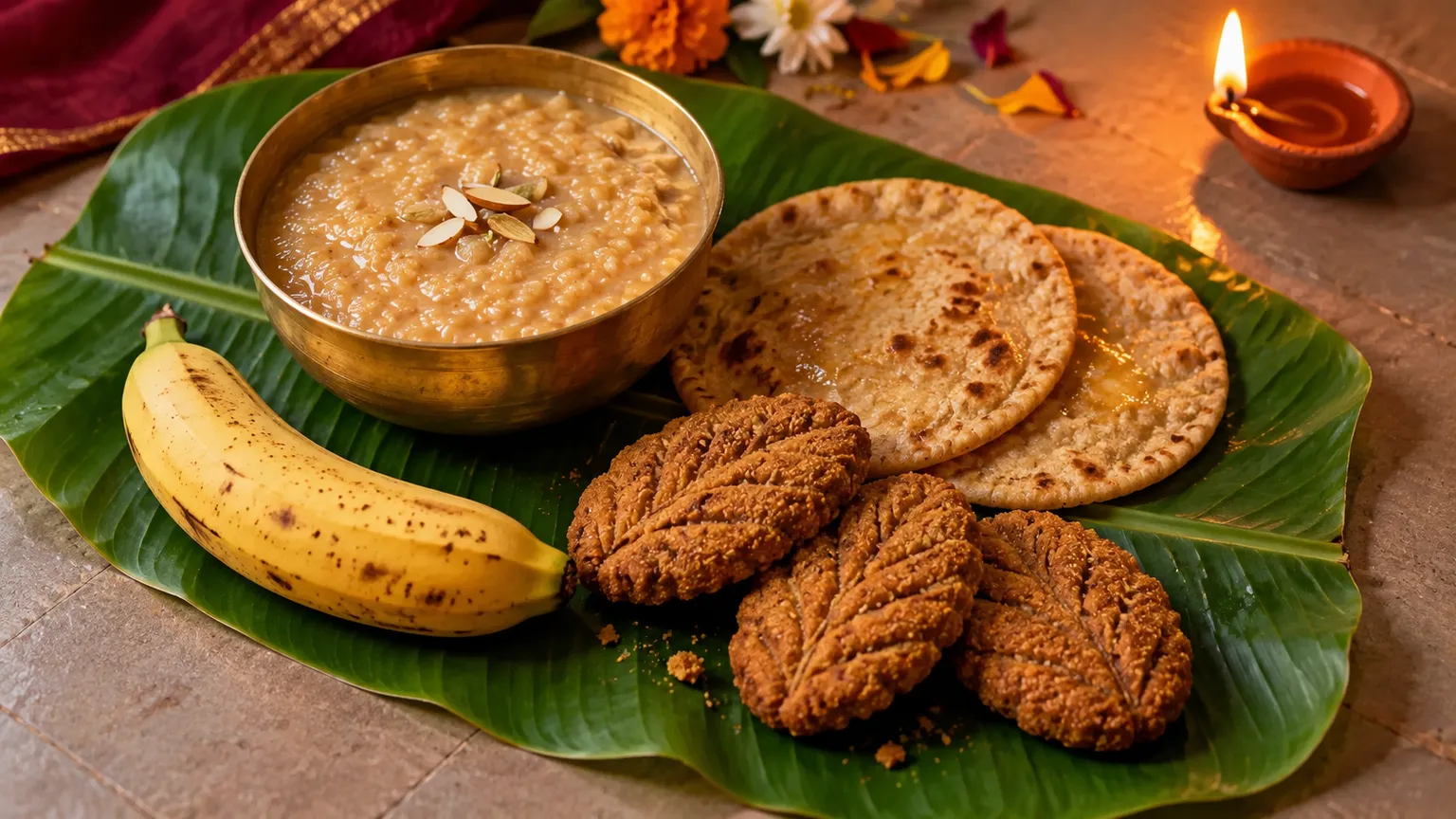 Bowl of rasiya gud ki kheer with wheat roti and banana on a banana leaf for Kharna