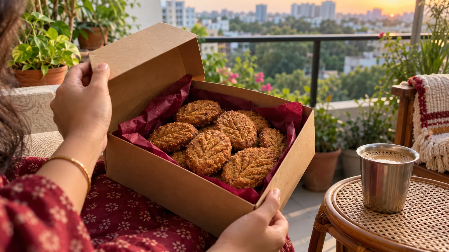 Box of fresh Bihari thekua being opened on a balcony in a Bengaluru apartment