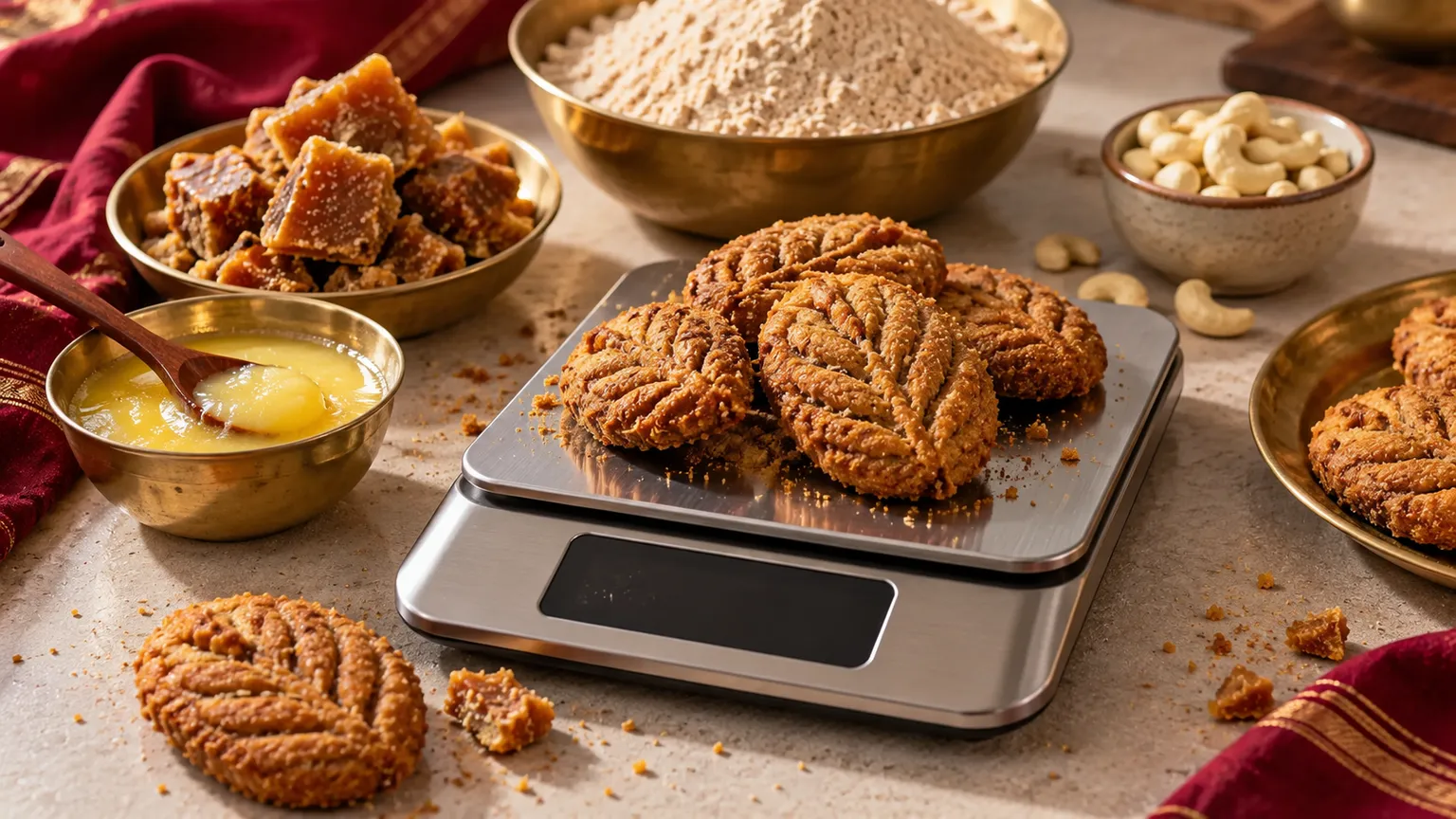 Thekua pieces on a kitchen scale beside bowls of desi ghee, jaggery and whole wheat flour