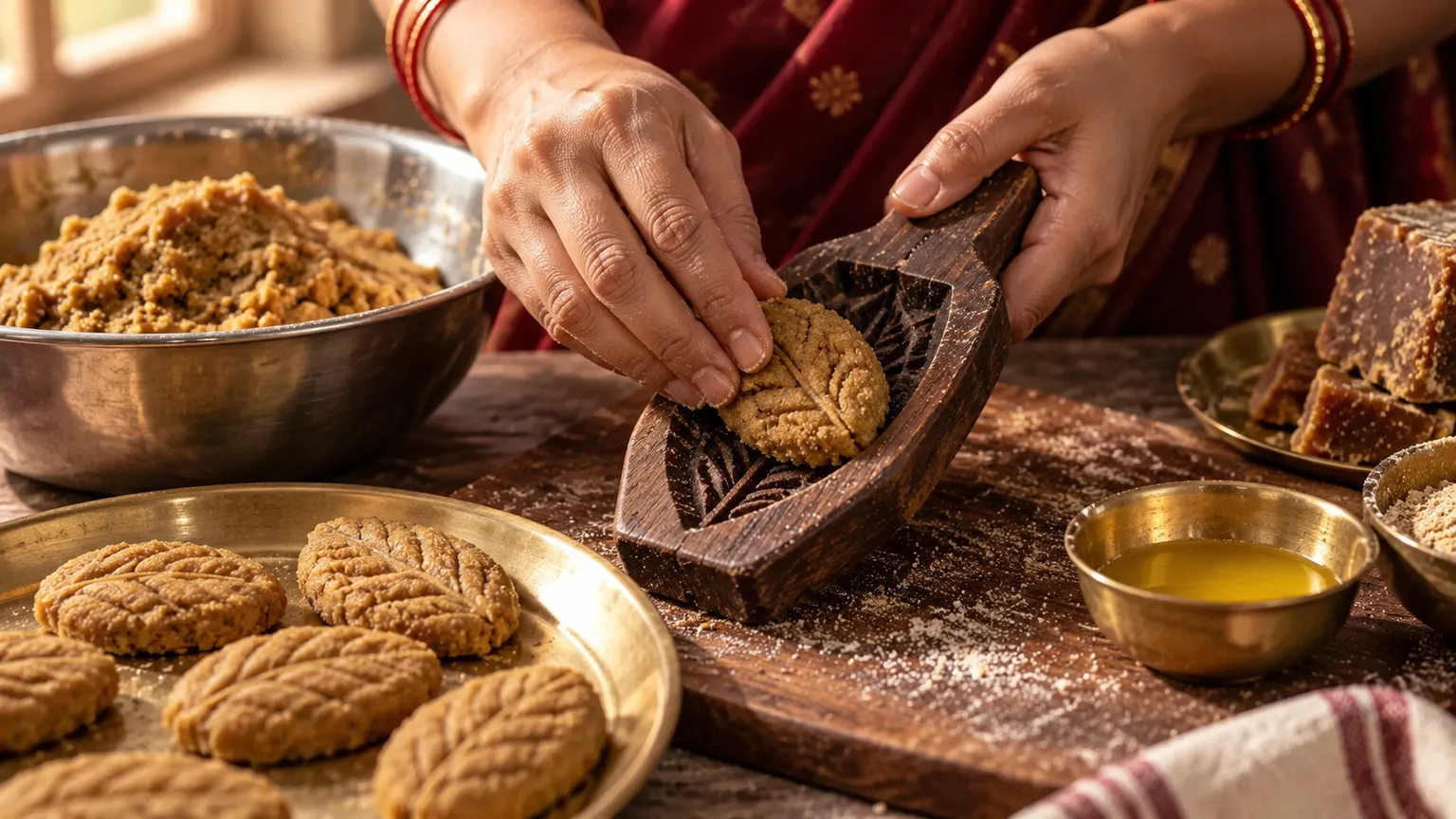 Hands pressing thekua dough into a wooden sancha mould next to a bowl of jaggery dough